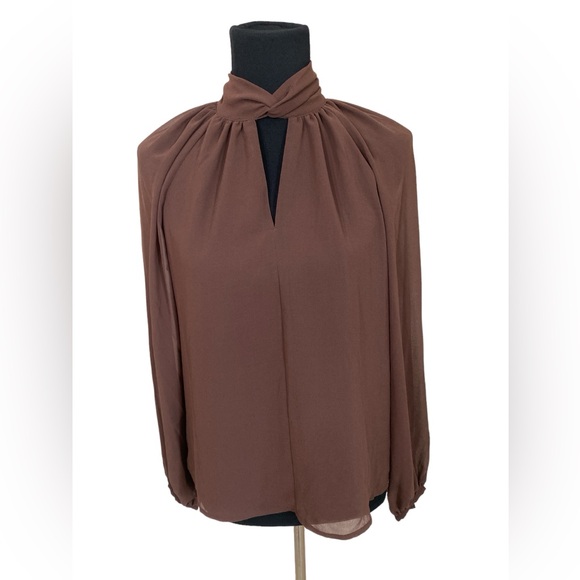 Brown Long Sleeve Chiffon Mock Neck Blouse - Picture 1 of 8